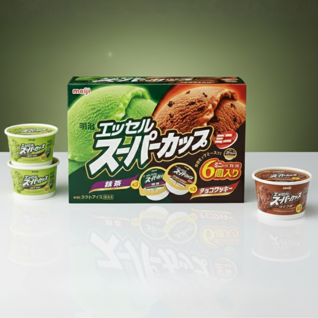 Meiji Essel Super Matcha and Choco Cookie Mini Cup Ice Cream (6 Pieces), 540 ml (1)